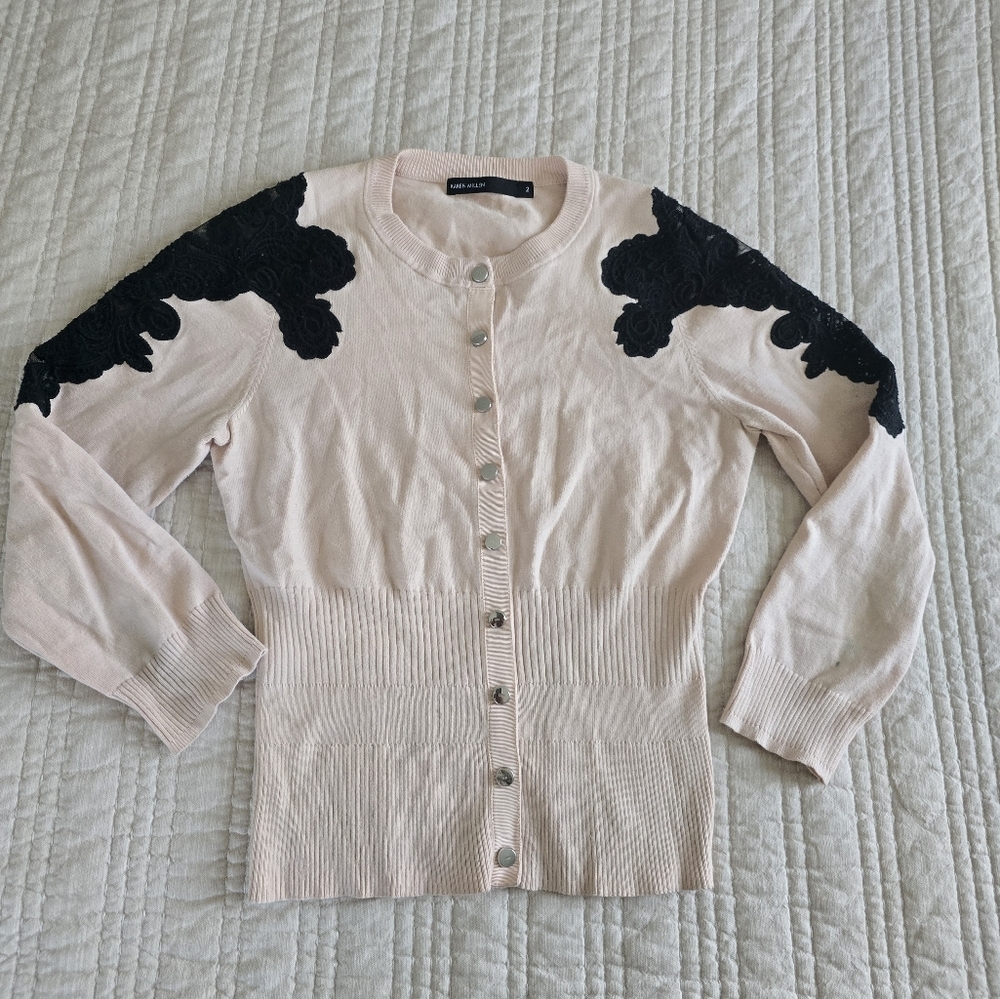 Karen Millen Elegant Pink Sweater with Black Accents